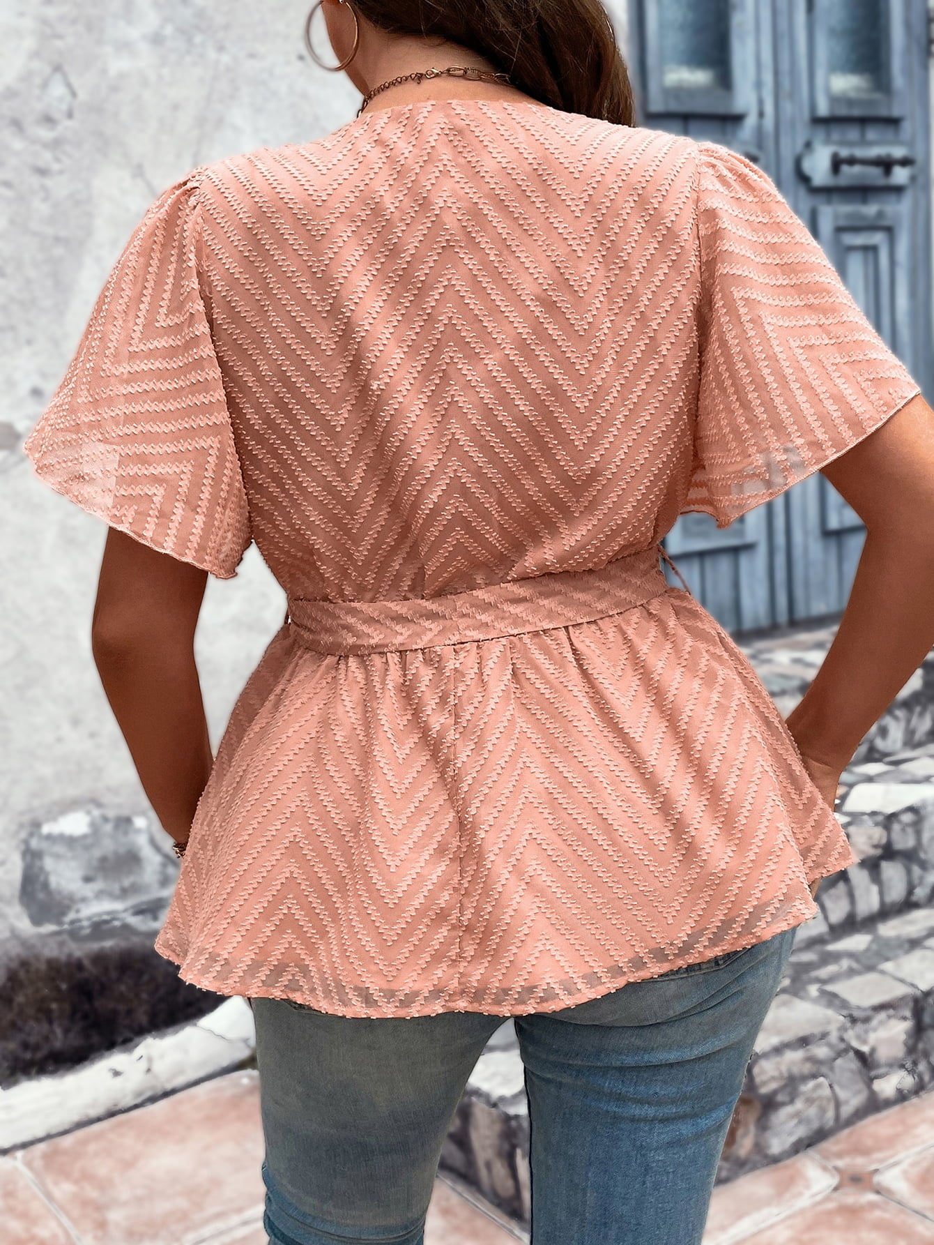 Plus Size Long V-Neck Blouse with Flutter Sleeves and Tie Waist