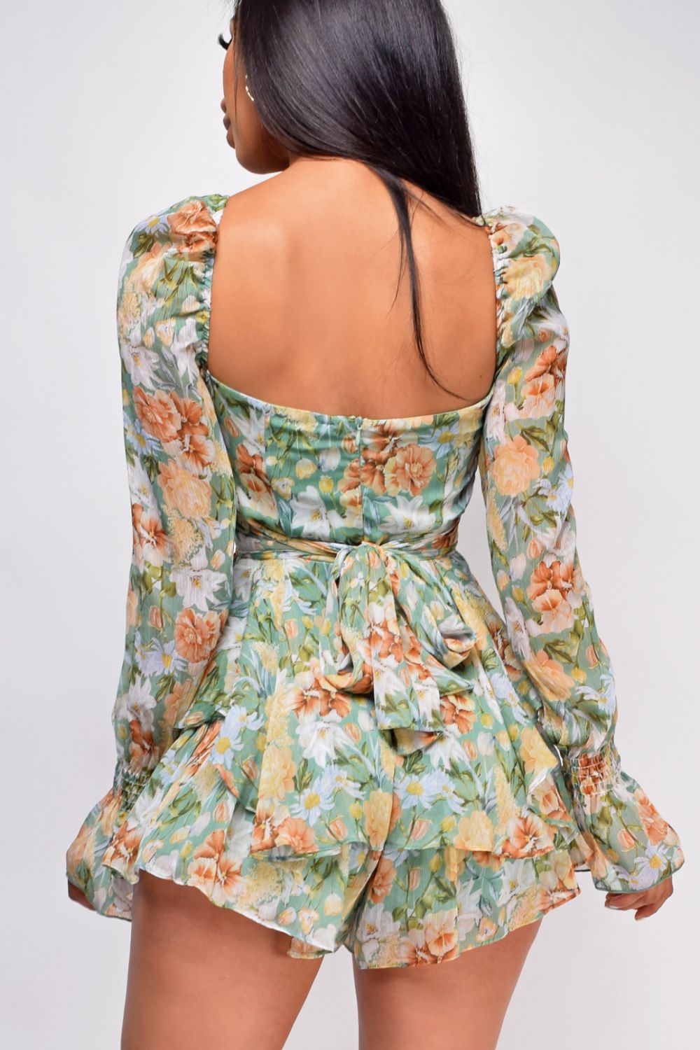 Women's Floral Print Sweetheart Neckline Flounce Sleeve Short Romper