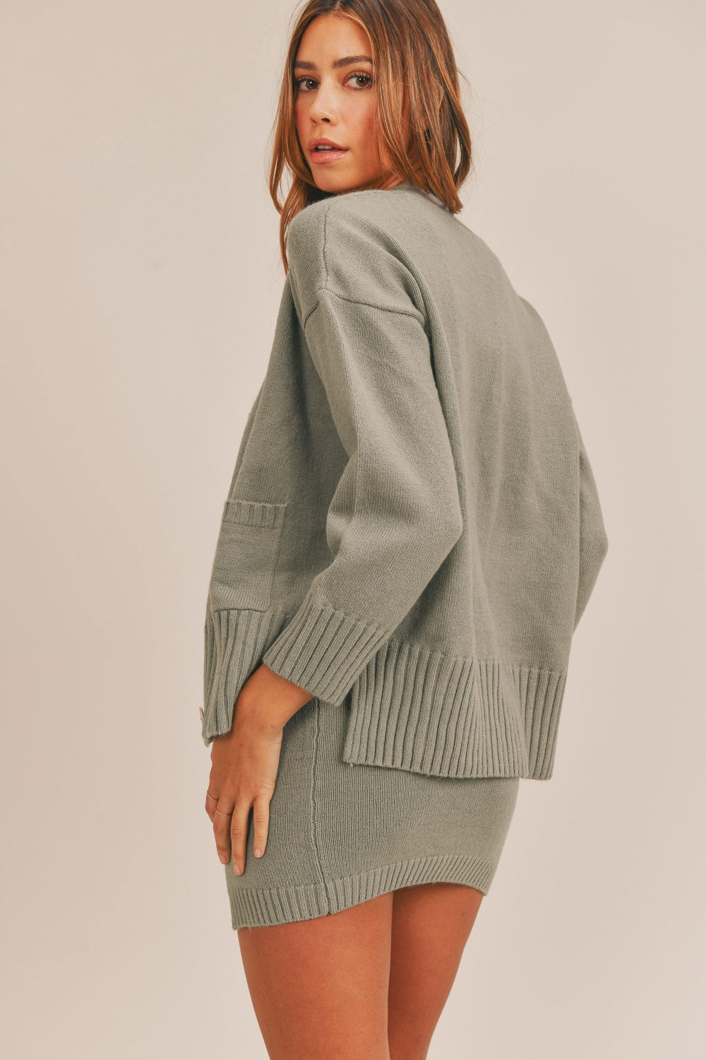 Fashionable MABLE Three-Piece Sweater Set Comprising Crop Cami, Mini Skirt, and Long Sleeve Button Cardigan