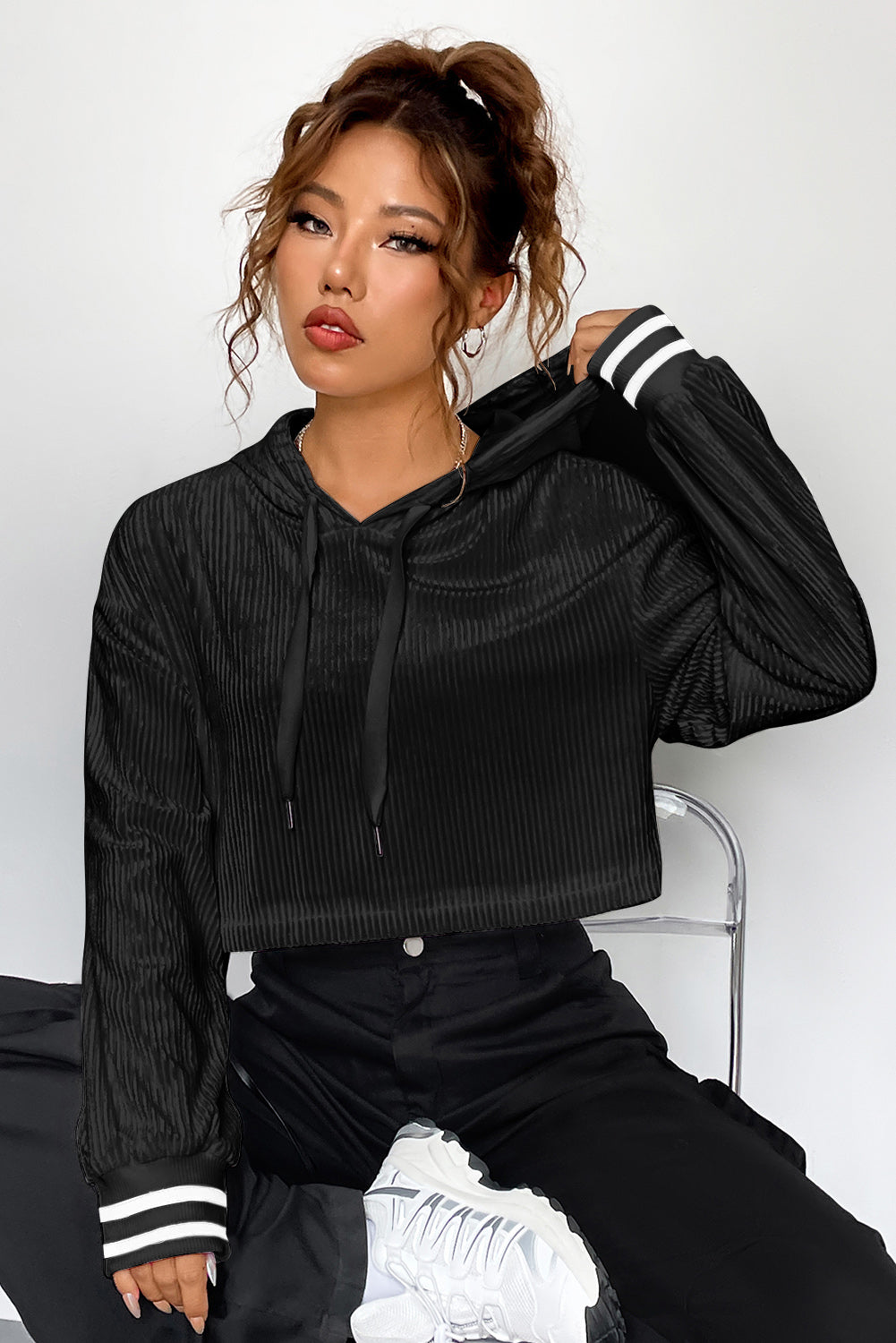 Opaque Drawstring Long Sleeve Drop Shoulder Hoodie