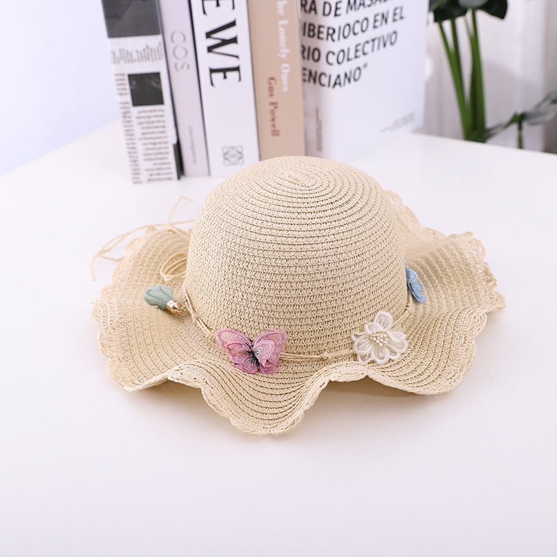 Girls' Summer Straw Hat with Butterfly Pattern and Matching Accessory Bag (Sold Individually)