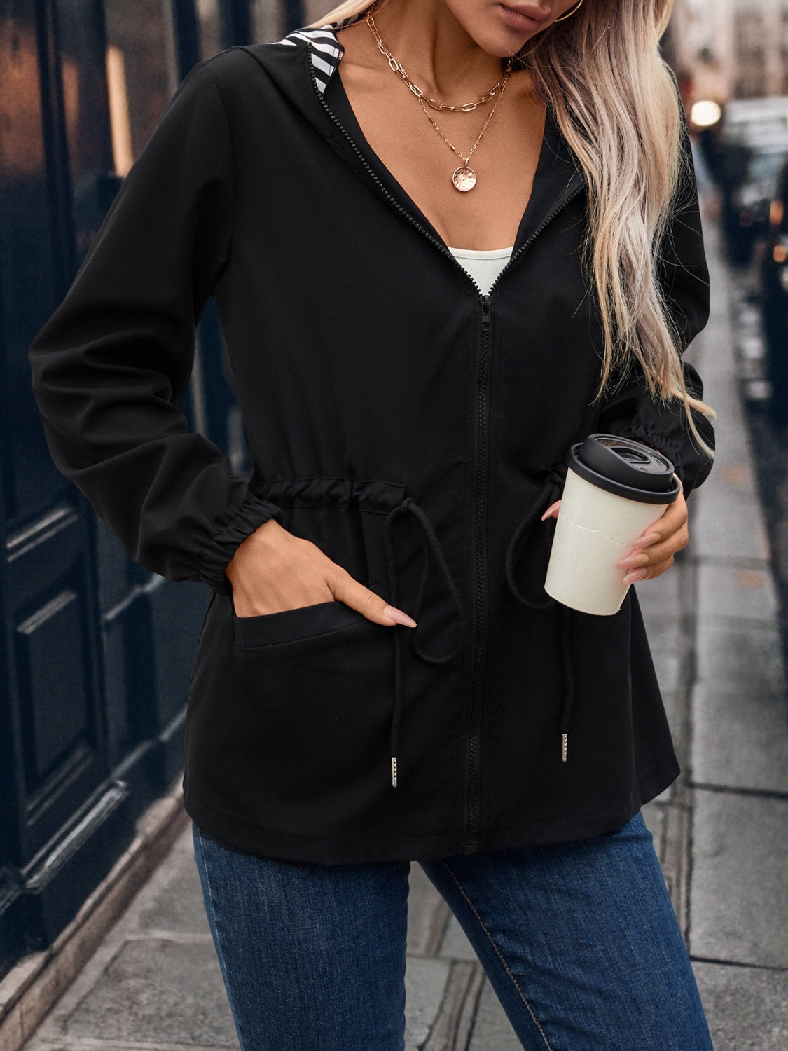 Stylish Drawstring Zip - Up Hooded Jacket with Convenient Pockets