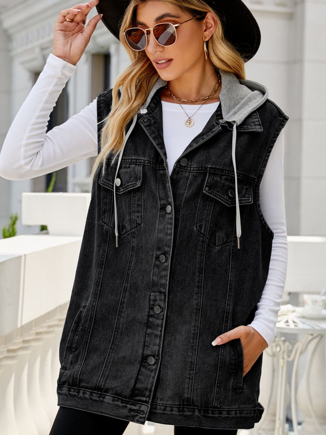Long Drawstring Hooded Sleeveless Denim Top with Practical Pockets