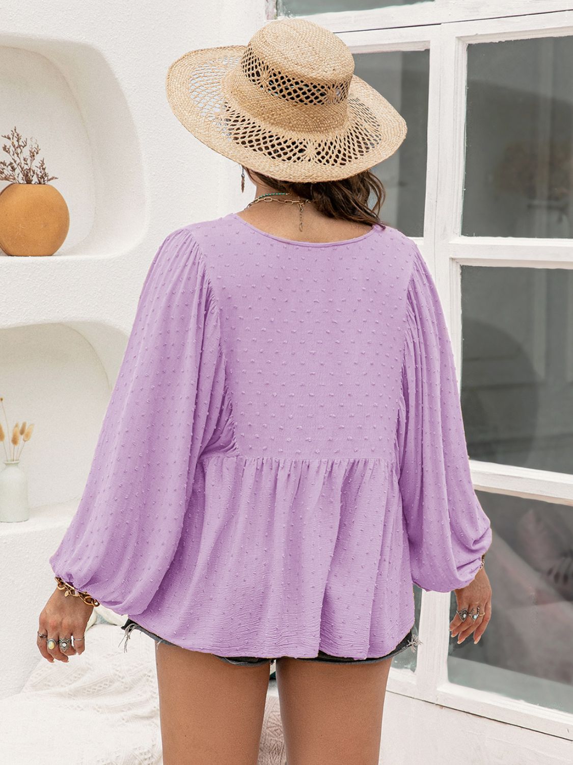 Plus Size Long Sleeve Swiss Dot Blouse with Tie Neck