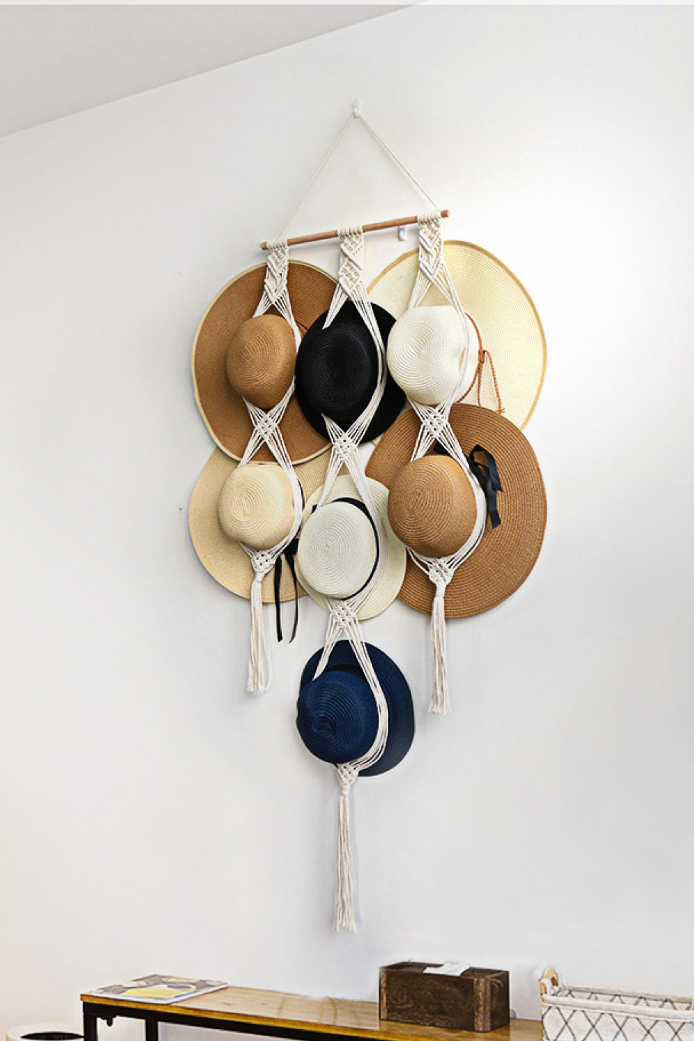 Handmade Cotton Rope Macrame Hat Hanger with Sticks