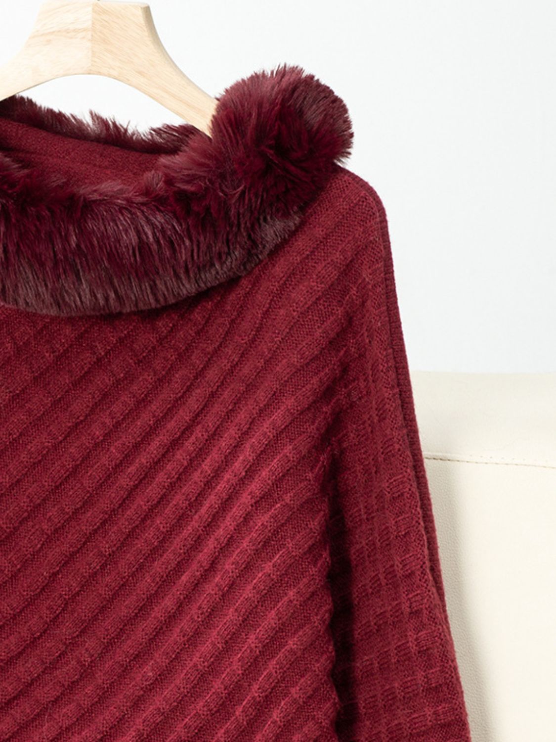 Fashionable Three-Quarter Sleeve Poncho with Fuzzy Trim Texture