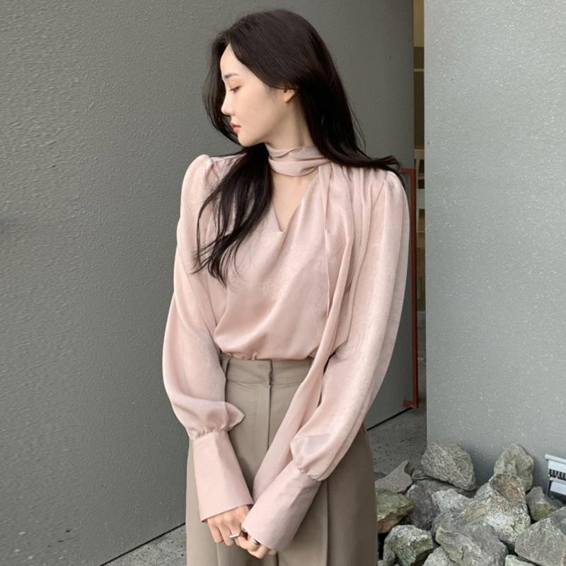 High-quality French-style V-neck Ribbon Scarf Loose Solid-color Long-sleeve Women's Top