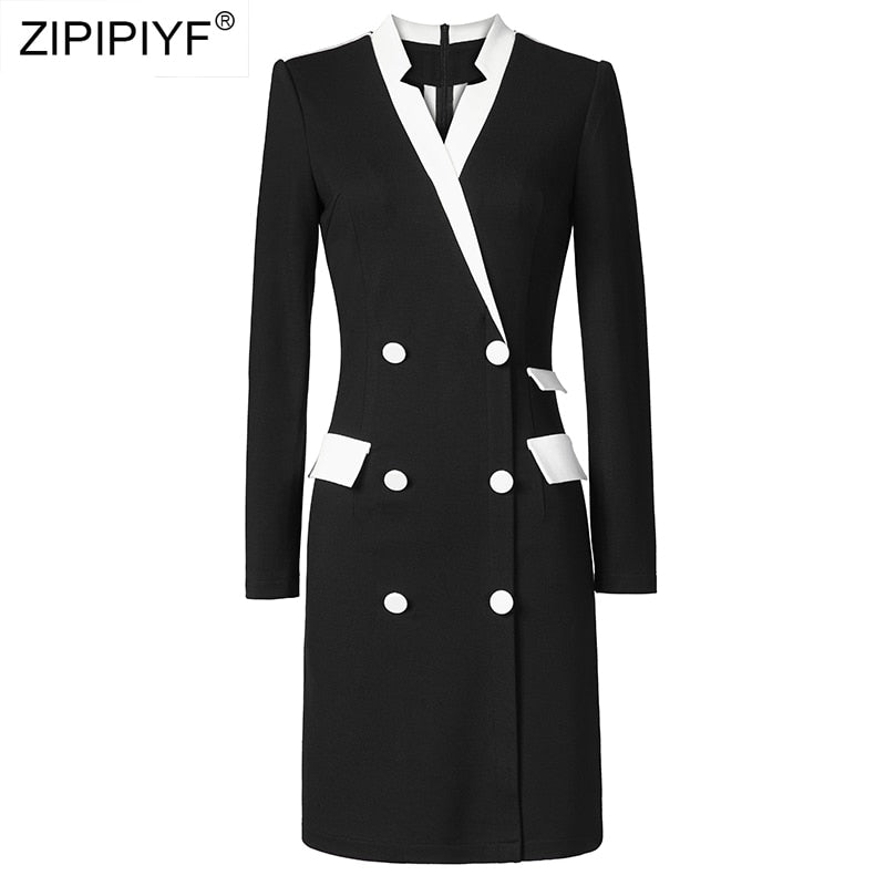 2018 High - Quality New Fashion Women's Long - Sleeve Double - Breasted Buttoned Knee - Length Dress H5710