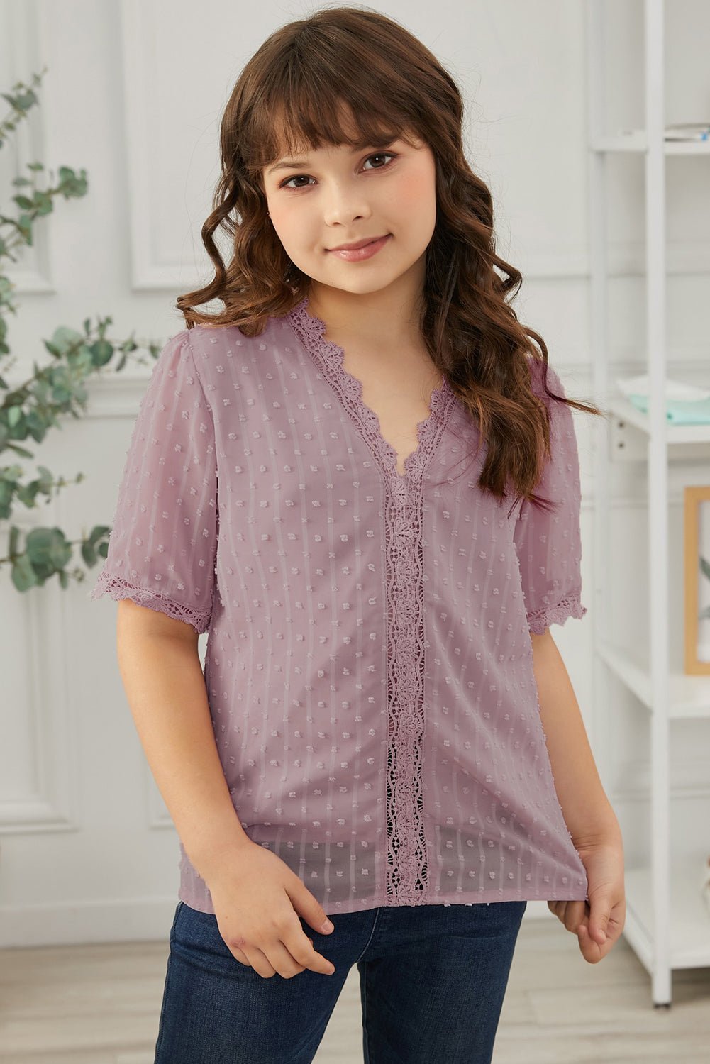 Summer Girls' Blouse with Swiss Dot and Spliced Lace for 4 - 13 Years Old