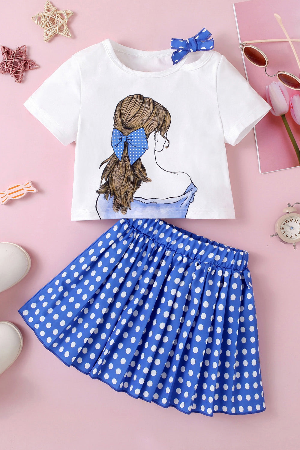 Adorable Graphic Bow Detail Women's Top and Polka Dot Pleated Skirt Fashion Set