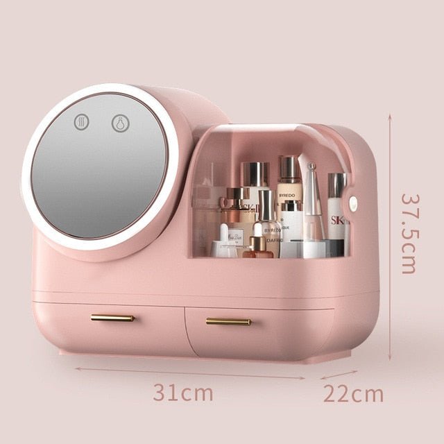 High-End Quality Makeup Storage Case with LED Lighting and Fan - A Modern Desktop Make Up Organizer Drawer for Skincare, Lipstick, and Cosmetics Beauty Box