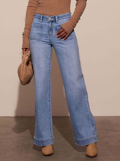 Stylish High-Rise Wide-Leg Denim Jeans with Front Pocket Patches