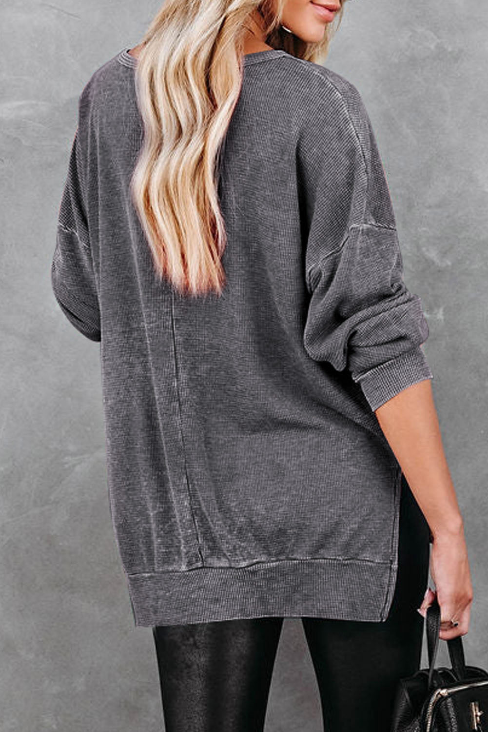 Waffle - Knit Dropped Shoulder Slit Polyester - Cotton Sweatshirt