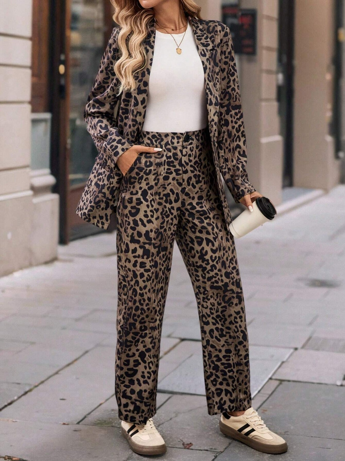 Full-Size Leopard Print Long Sleeve Lapel Collar Blazer and Pants Two-Piece Set