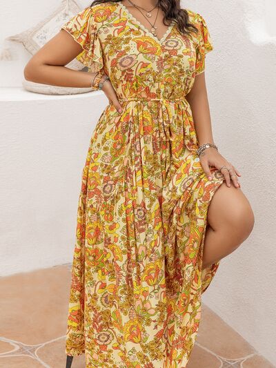 Plus Size V-Neck Printed Flutter Sleeve Tie-Waist Maxi Dress