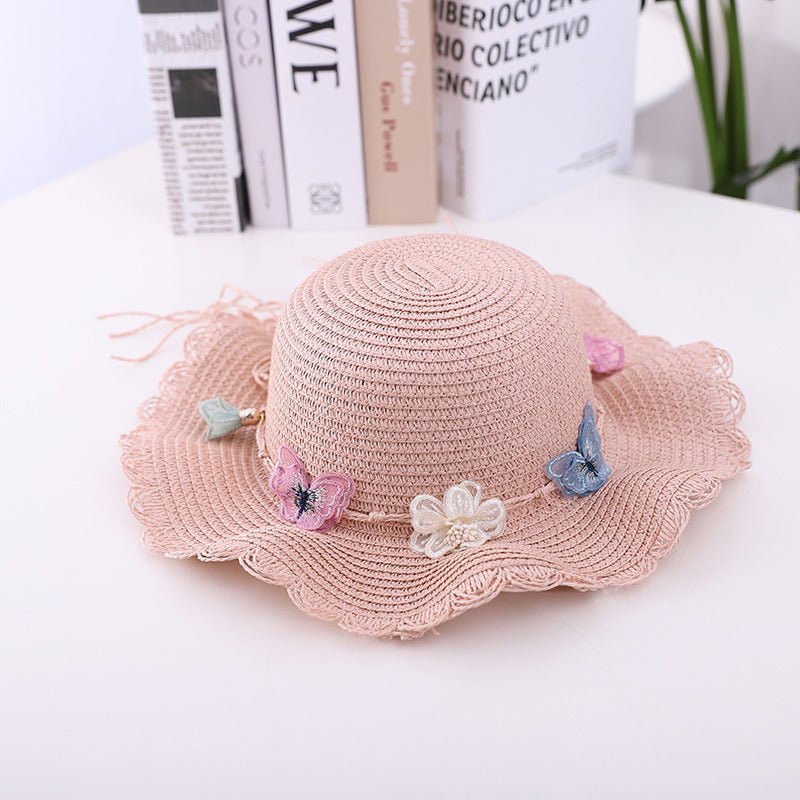 Girls' Summer Straw Hat with Butterfly Pattern and Matching Accessory Bag (Sold Individually)