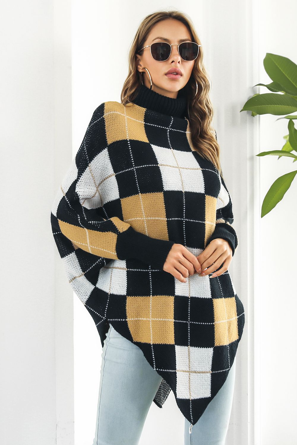 Stylish Plaid Turtleneck Poncho with Dolman Sleeves and Moderate Stretch