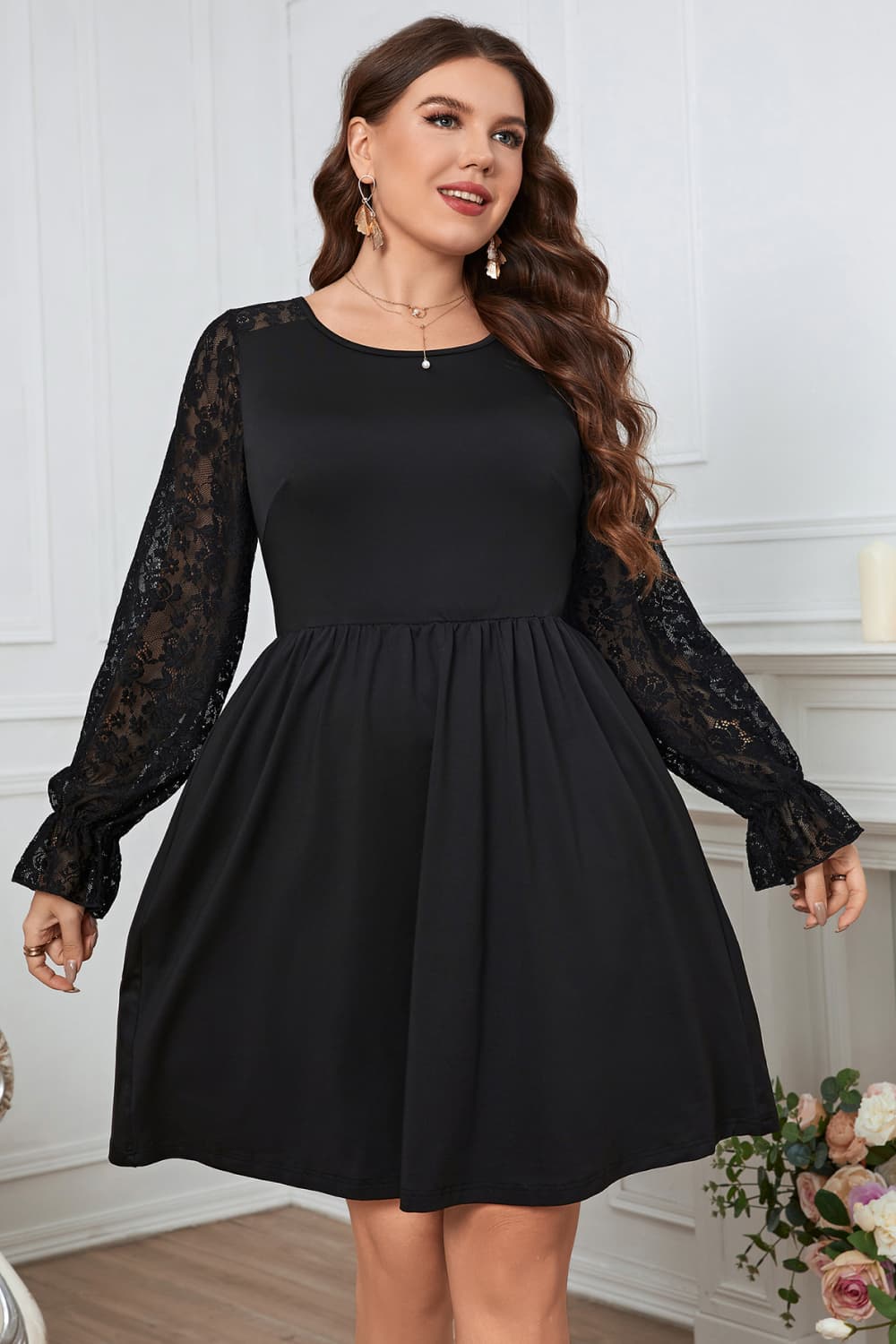 Plus Size Round Neck Flounce Sleeve Dress with Lace Trim