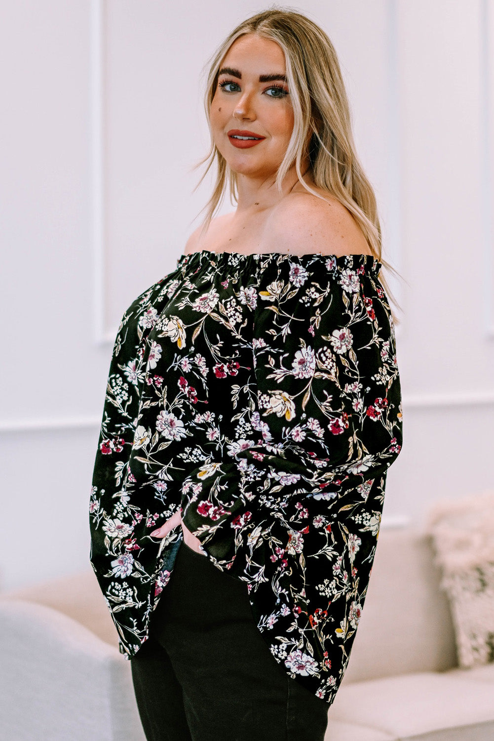 Plus Size Long Floral Off-Shoulder Blouse with Ruffled Flounce Sleeves