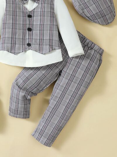 4-Piece Set: Long Sleeve Shirt, Plaid Vest, Hat and Pants