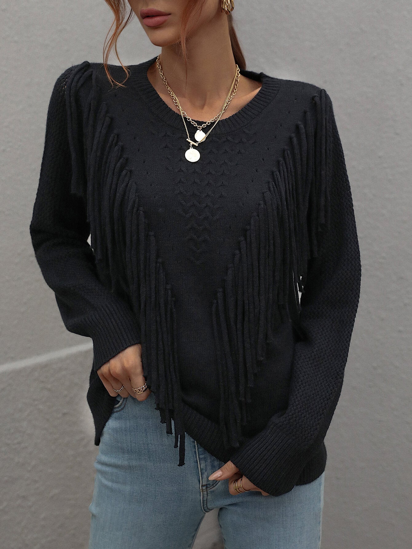 Casual Women's Fringe-Detailed Ribbed Trim Sweater for Regular Sizing