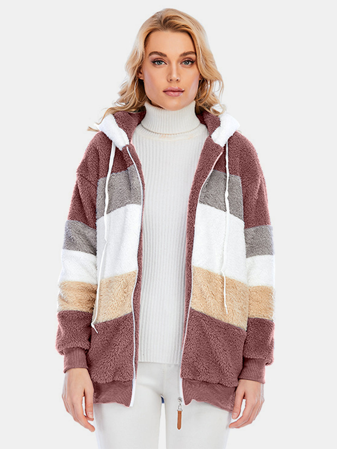 Full-Size, Drawstring, Color-Blocked, Zip-Up Hooded Outerwear for Everyday Wear