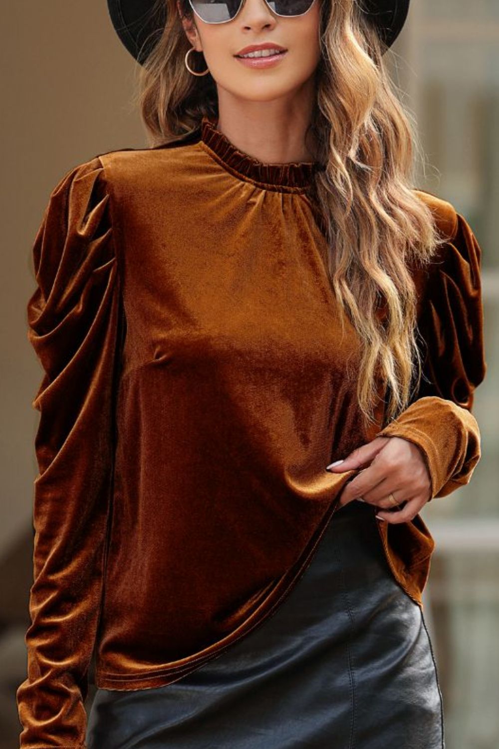 Fashionable Frilled Mock - Neck Puff - Sleeve Women's Blouse