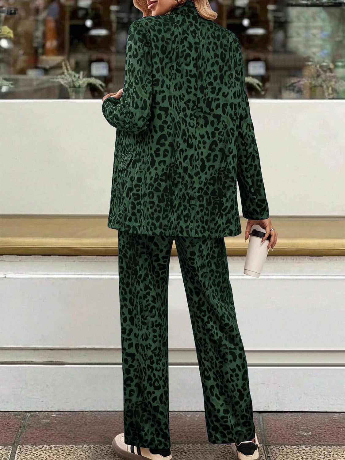 Full-Size Leopard Print Long Sleeve Lapel Collar Blazer and Pants Two-Piece Set