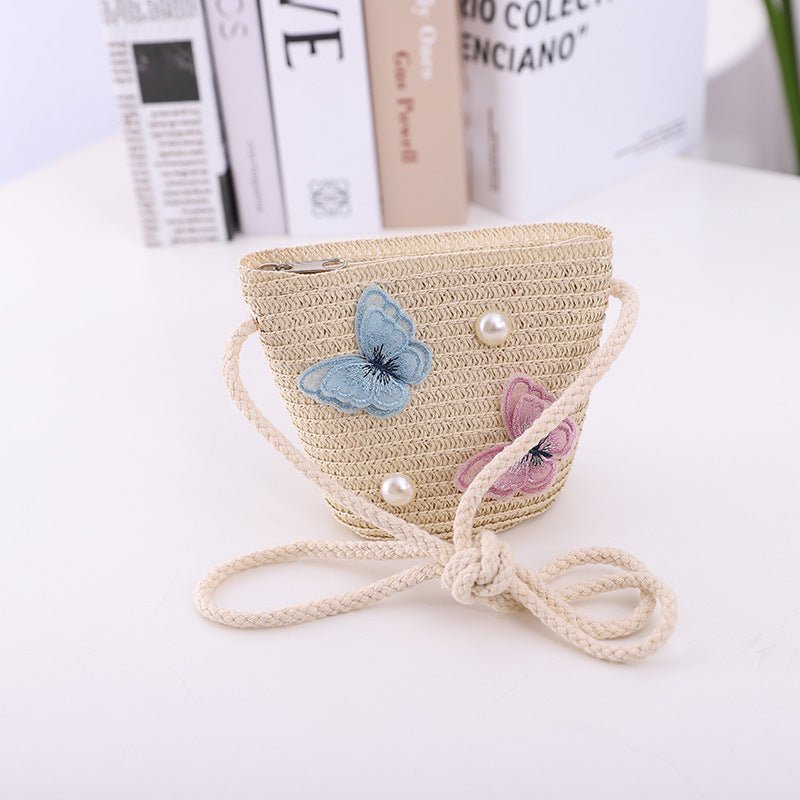 Girls' Summer Straw Hat with Butterfly Pattern and Matching Accessory Bag (Sold Individually)