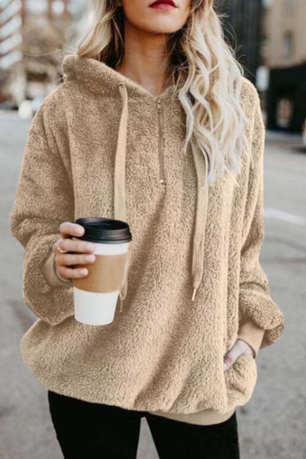 Full-Size Teddy Quarter-Zip Hoodie with Drawstring and Pocket