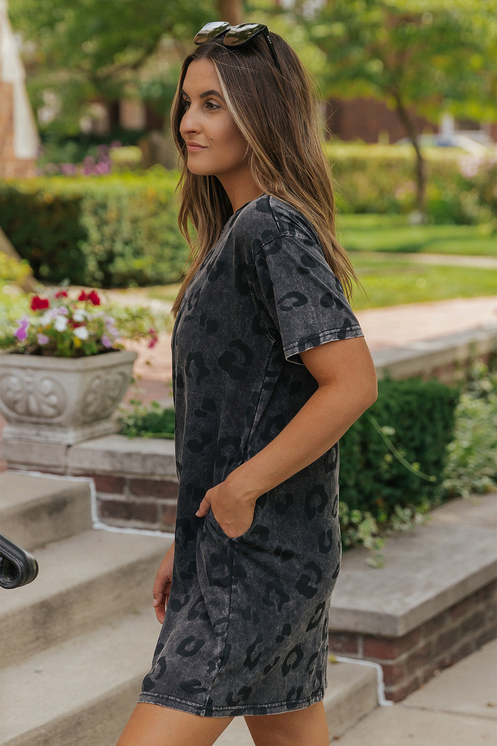 Vintage Gray Washed Leopard Print T-Shirt Dress with Handy Side Pockets