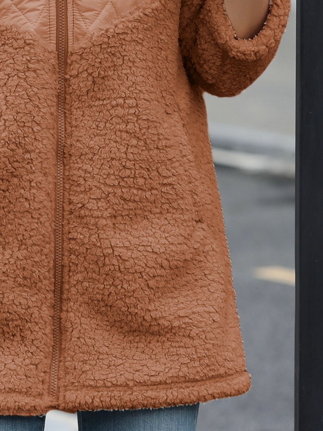 Soft Fuzzy Long Sleeve Zip - Up Hooded Polyester Jacket