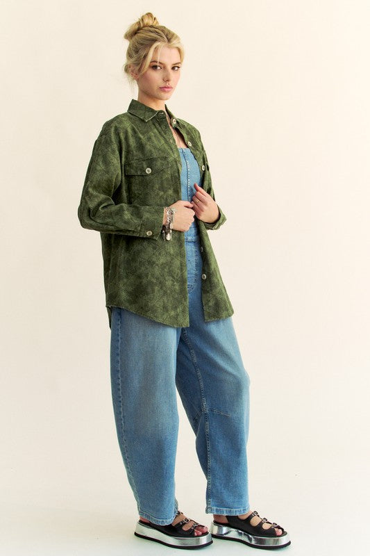 Davi & Dani Denim Shacket with Curved Hem and Diamond Quilted Design, Button Up Style