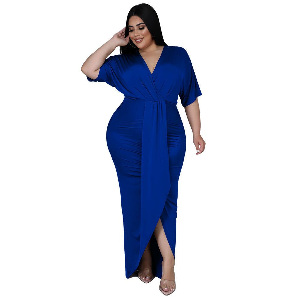 Plus Size Sexy V Neck Irregular Hem Milk Silk Dress for Women