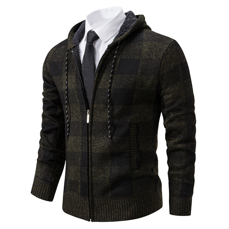 Men's Warm Plaid Thickened Cardigan Sweater Coat