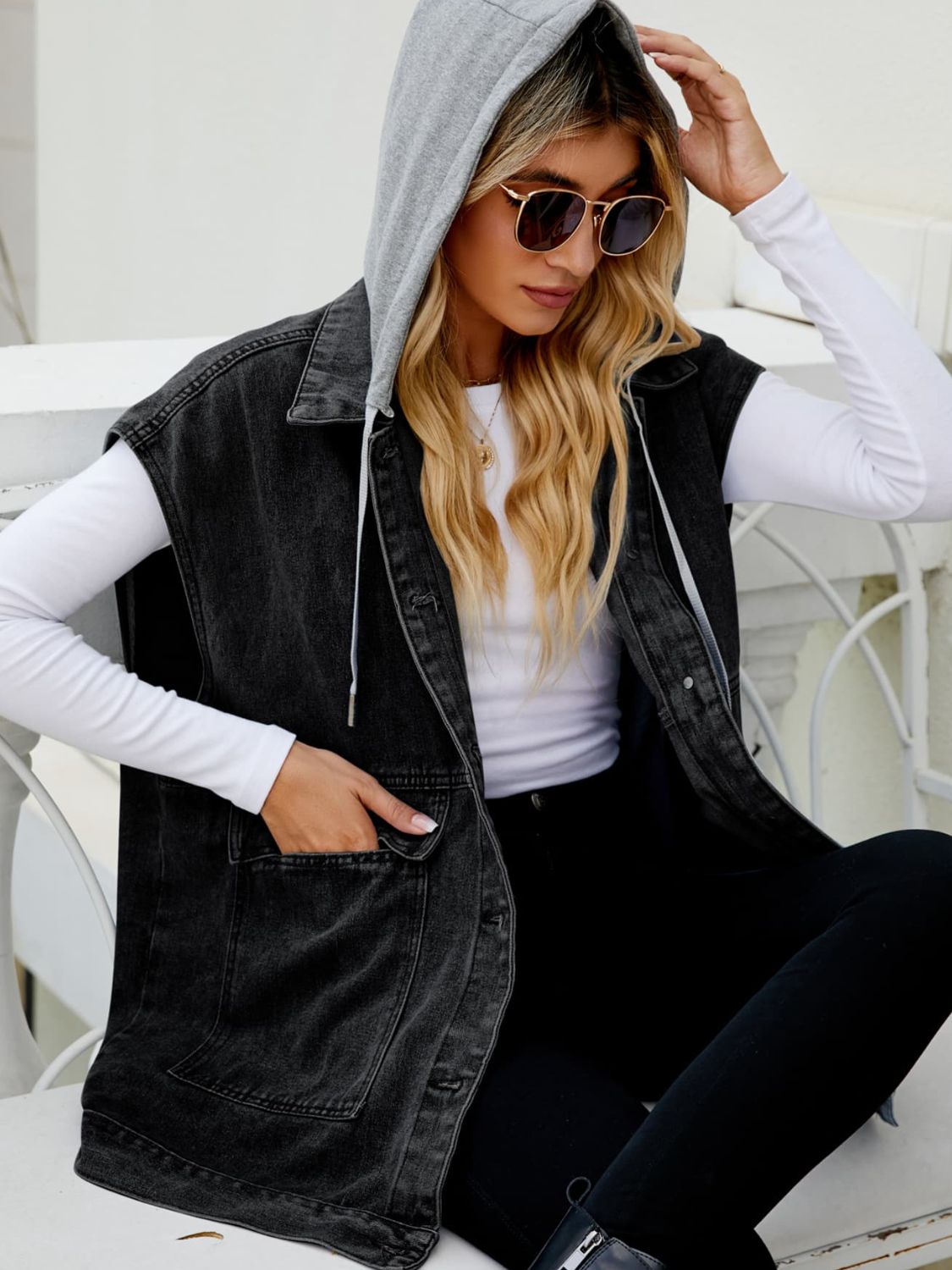 Long Hooded Sleeveless Denim Top with Functional Pockets