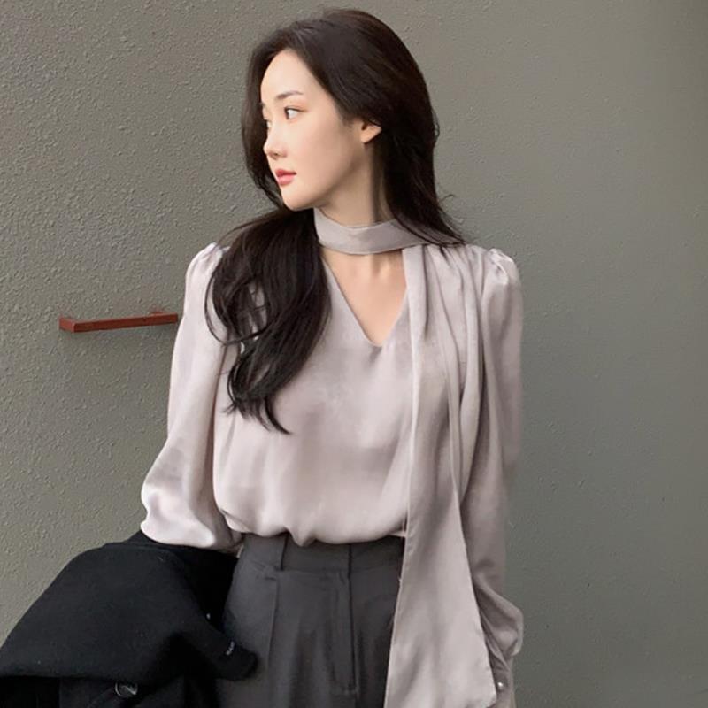 High-quality French-style V-neck Ribbon Scarf Loose Solid-color Long-sleeve Women's Top