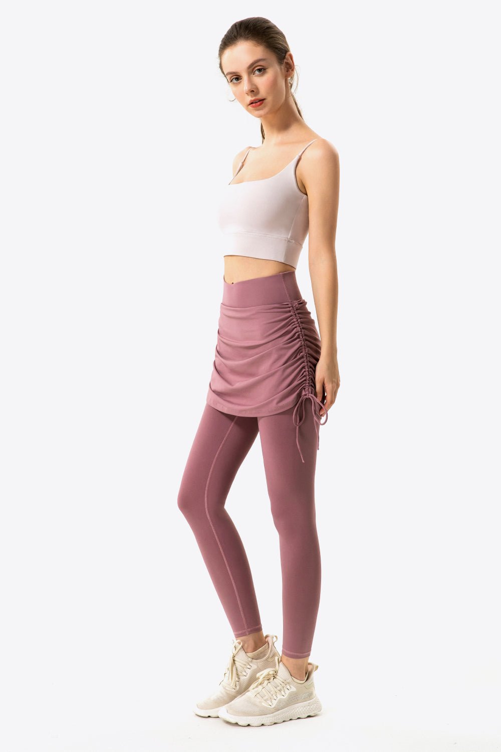 Soft and Breathable Drawstring Ruched Faux Layered Stretch Yoga Leggings