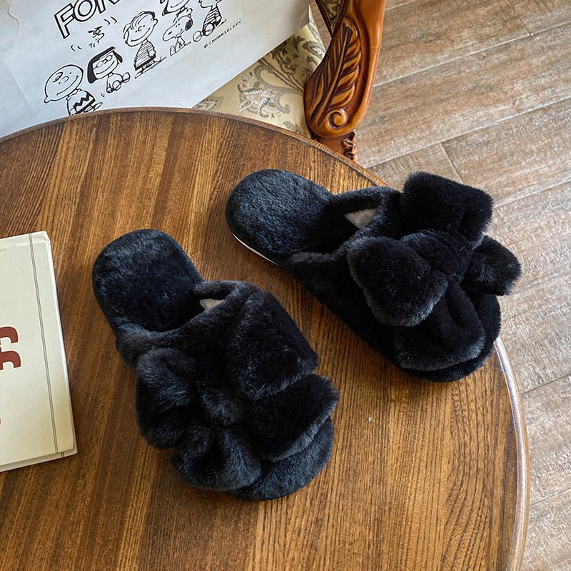 Adorable Plush Women's Slippers with a Top Bow for Winter