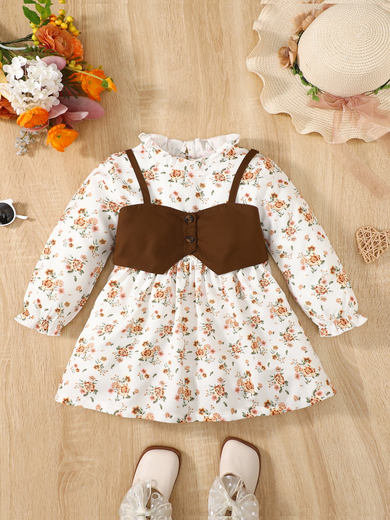Adorable Floral Print Dress with Frill Trim and Flounce Long Sleeves