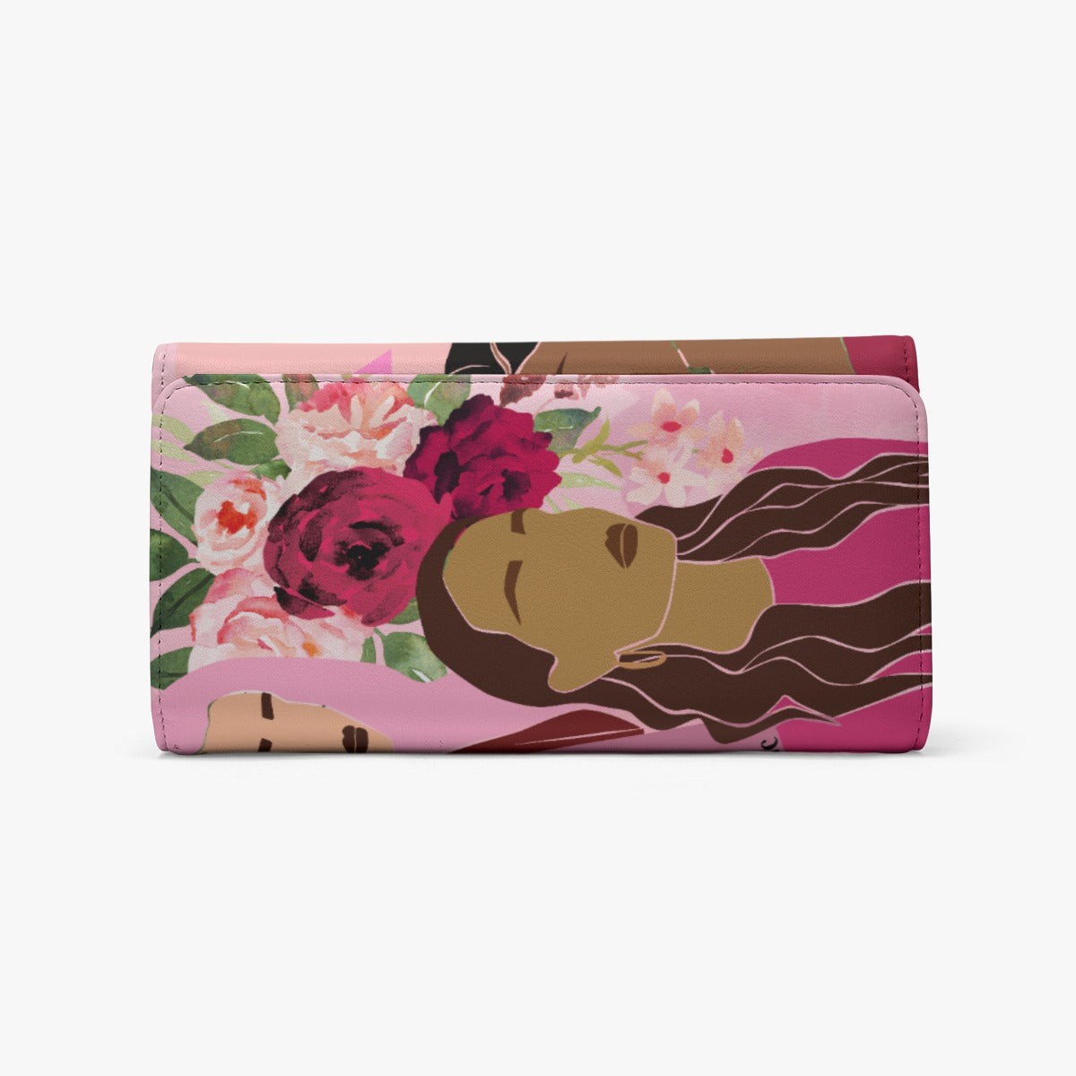 Foldable Women's Wallet with Unity, Hope, Pink, Hot Pink, Burgundy, Roses Design for Breast Cancer Awareness, Featuring Black, Hispanic, White Color Schemes and Smooth Hair Texture (Designed by Dunbi)