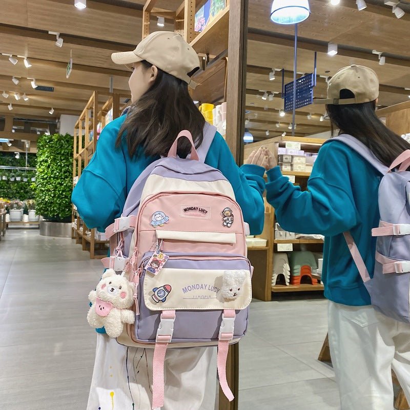 Stylish Fashionable Bear - Inspired Large - Volume Geometric Contrast - Colored School Backpack for Students