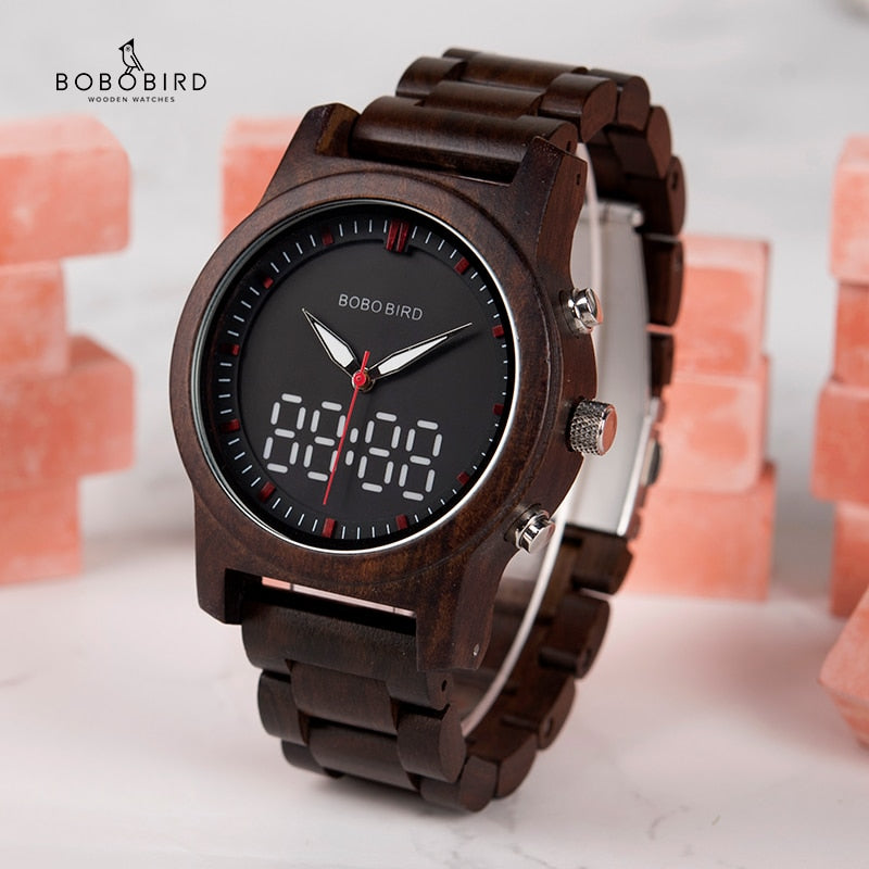Men's Fashionable Dual Display Quartz Digital Wooden Wristwatch
