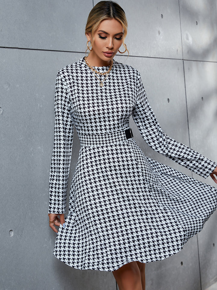 Fashionable Houndstooth Long - Sleeve Mini Round - Neck Polyester Dress