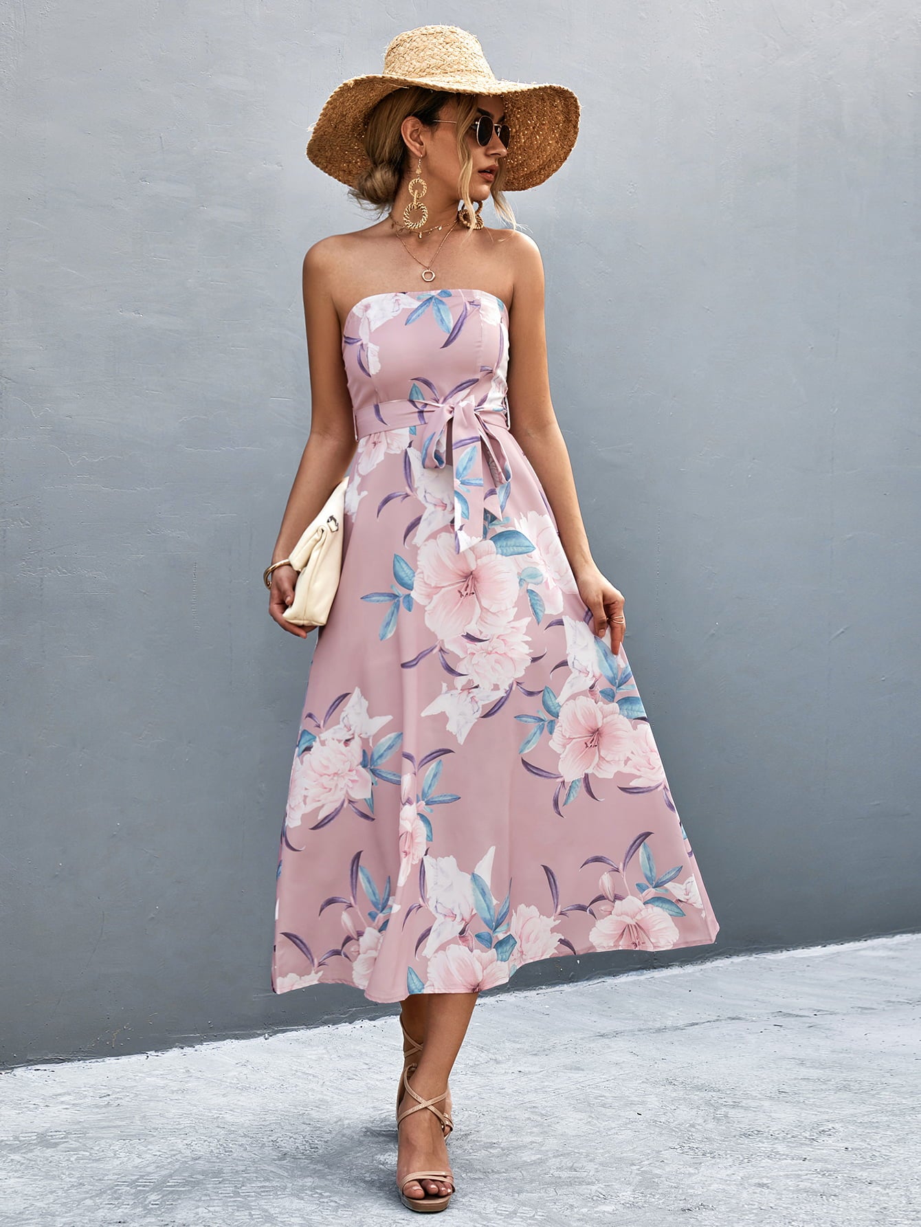 Chic Floral Patterned Tie-Waist Straight Neck Midi Sleeveless Dress
