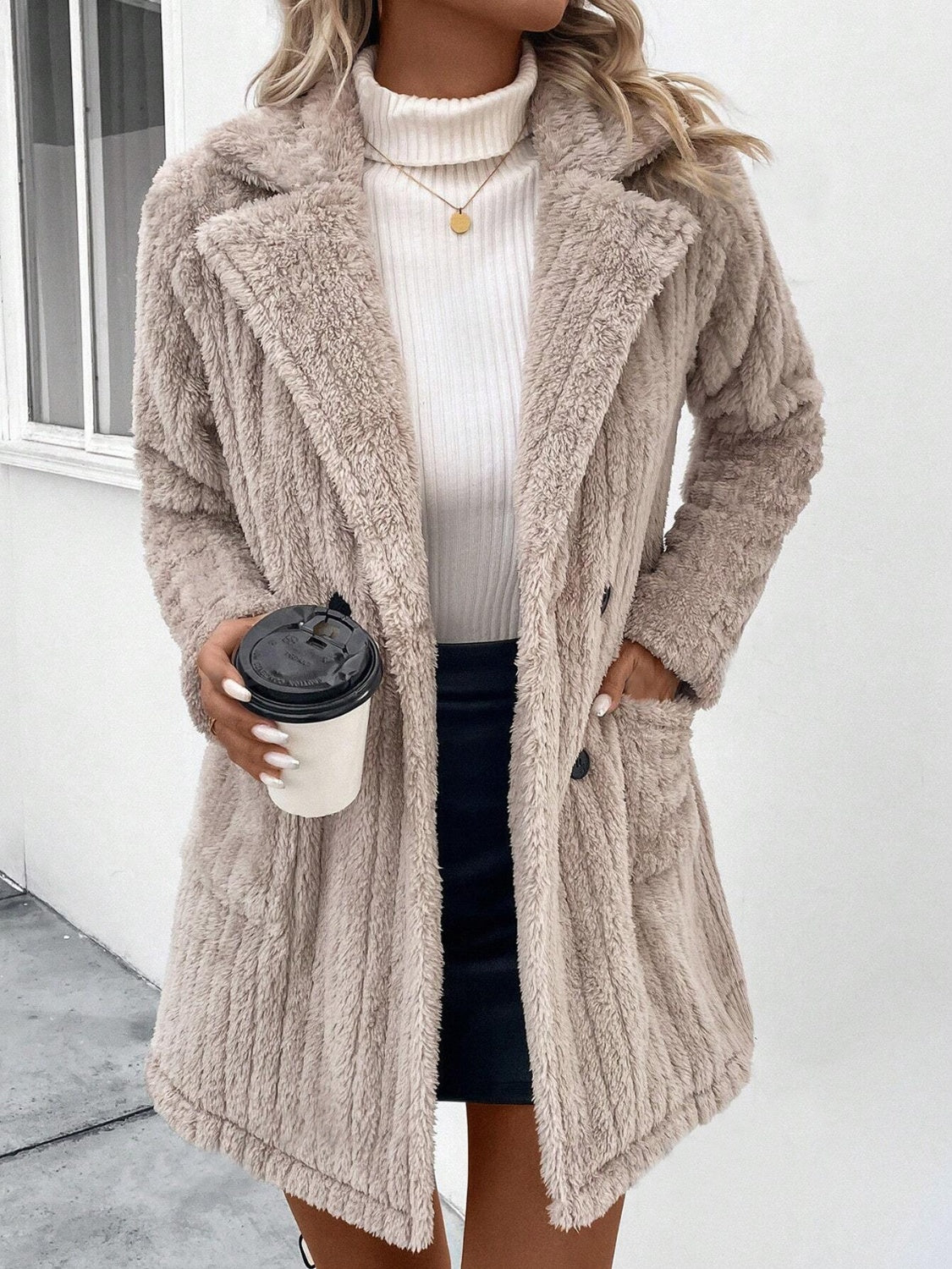 Cozy Fuzzy Long Sleeve Button - Up Coat with Practical Pockets