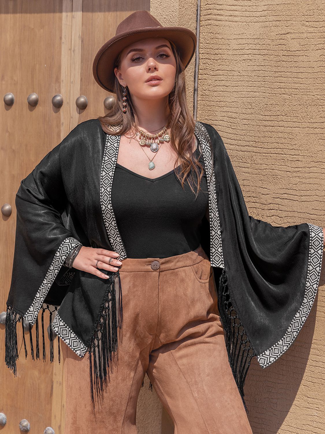 Plus Size Fashionable Geometric Open Front Tassel Hem Cardigan for Women