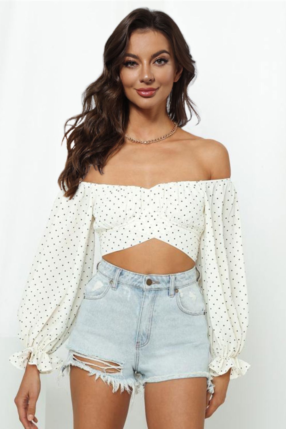 Stylish Printed Long Flounce Sleeve Cropped Women's Blouse