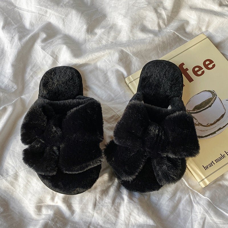 Adorable Plush Women's Slippers with a Top Bow for Winter