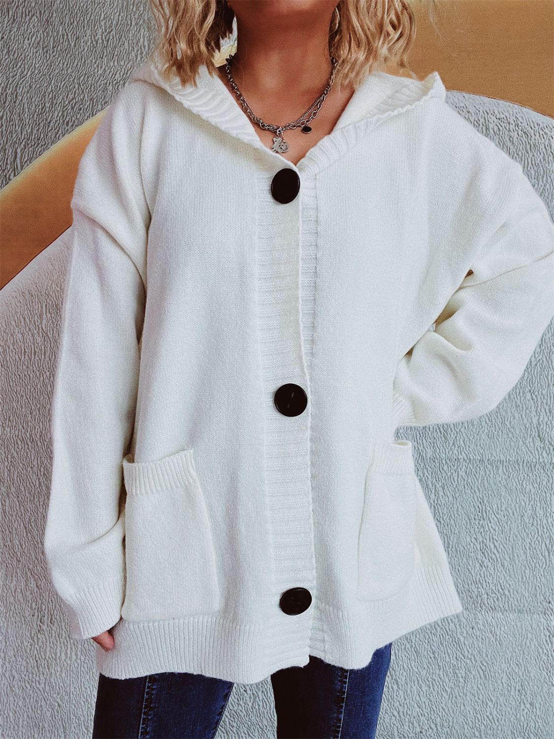 Casual Dropped Shoulder Long Sleeve Buttoned Pocketed Hooded Cardigan for Everyday Wear
